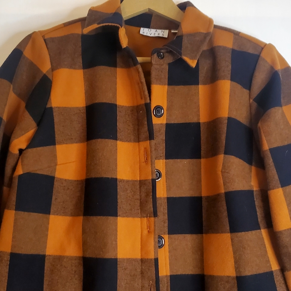 JOAN RIVERS Women's Sz XS Rust & Blk Buffalo plaid button front car coat/jacket